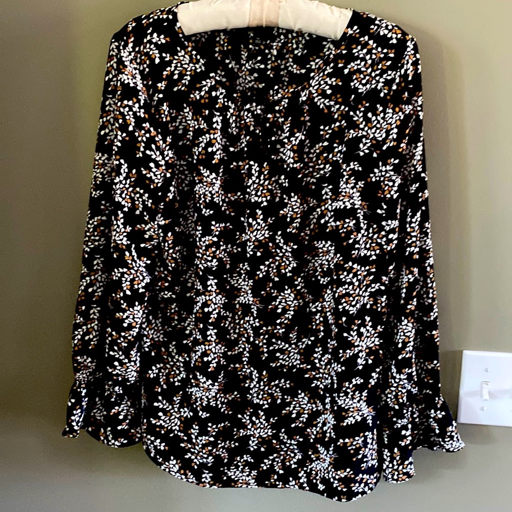 Talbots Lp blouse - black with white (and occasional brown) leaf pattern